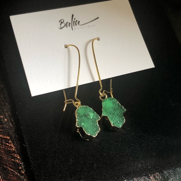 New Handmade Druzy Hamsa Hand Drop Earrings 💚 - Picture 11 of 12